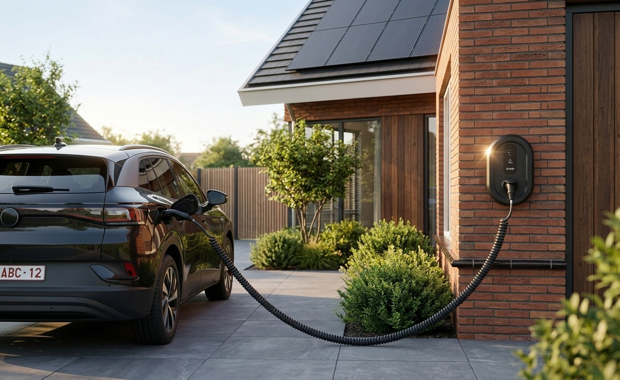 Electric car connected to a Ratio Solar MID EV charger with fixed charging cable